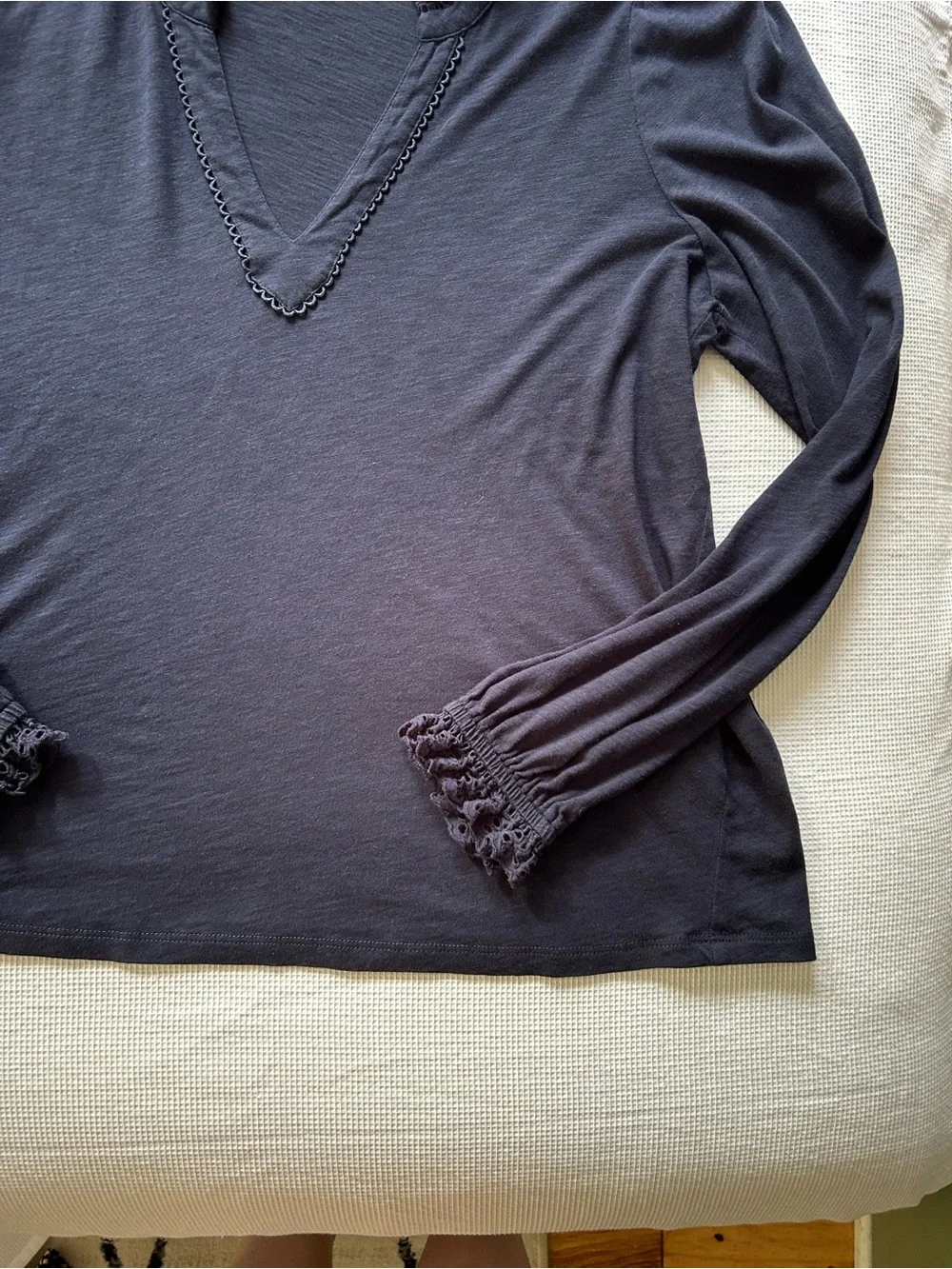 Boden Navy Lace-Trim V-Neck Long Sleeve Top